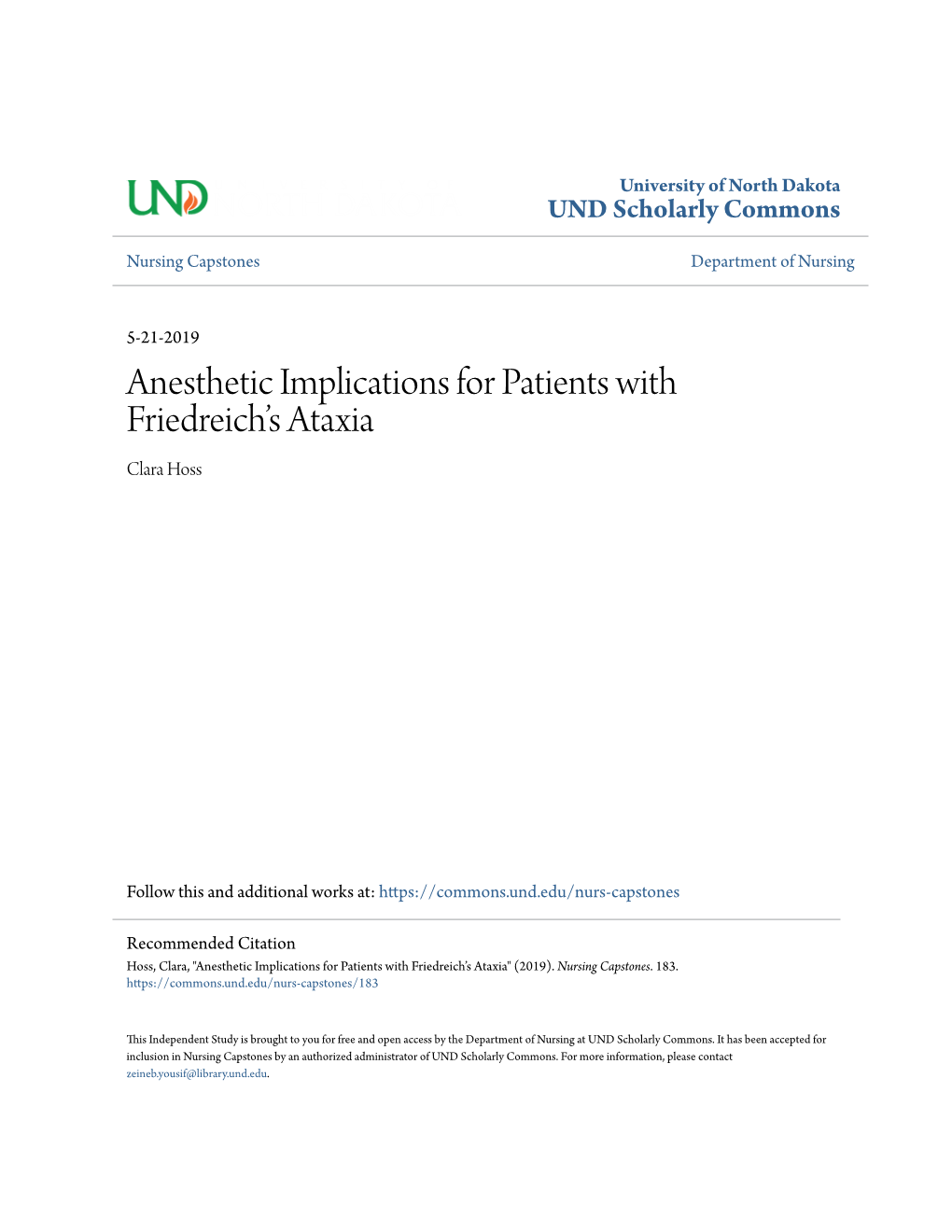 Anesthetic Implications for Patients with Friedreich's Ataxia