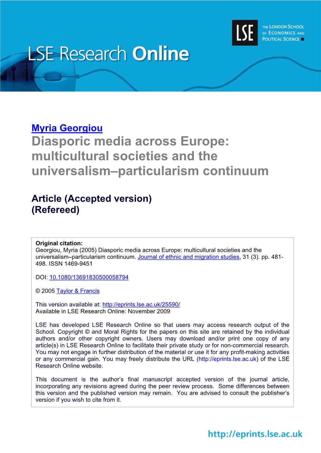 Diasporic Media Across Europe: Multicultural Societies and the Universalism–Particularism Continuum