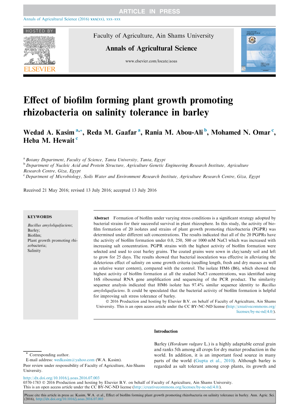 Effect of Biofilm Forming Plant Growth Promoting