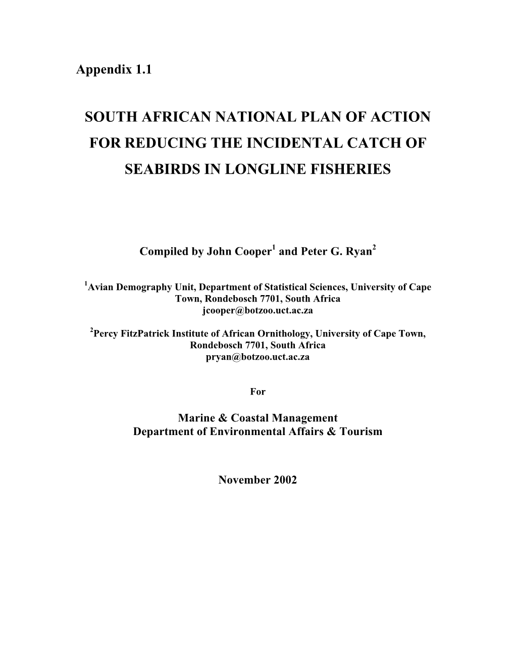 South African National Plan of Action for Reducing the Incidental Catch of Seabirds in Longline Fisheries