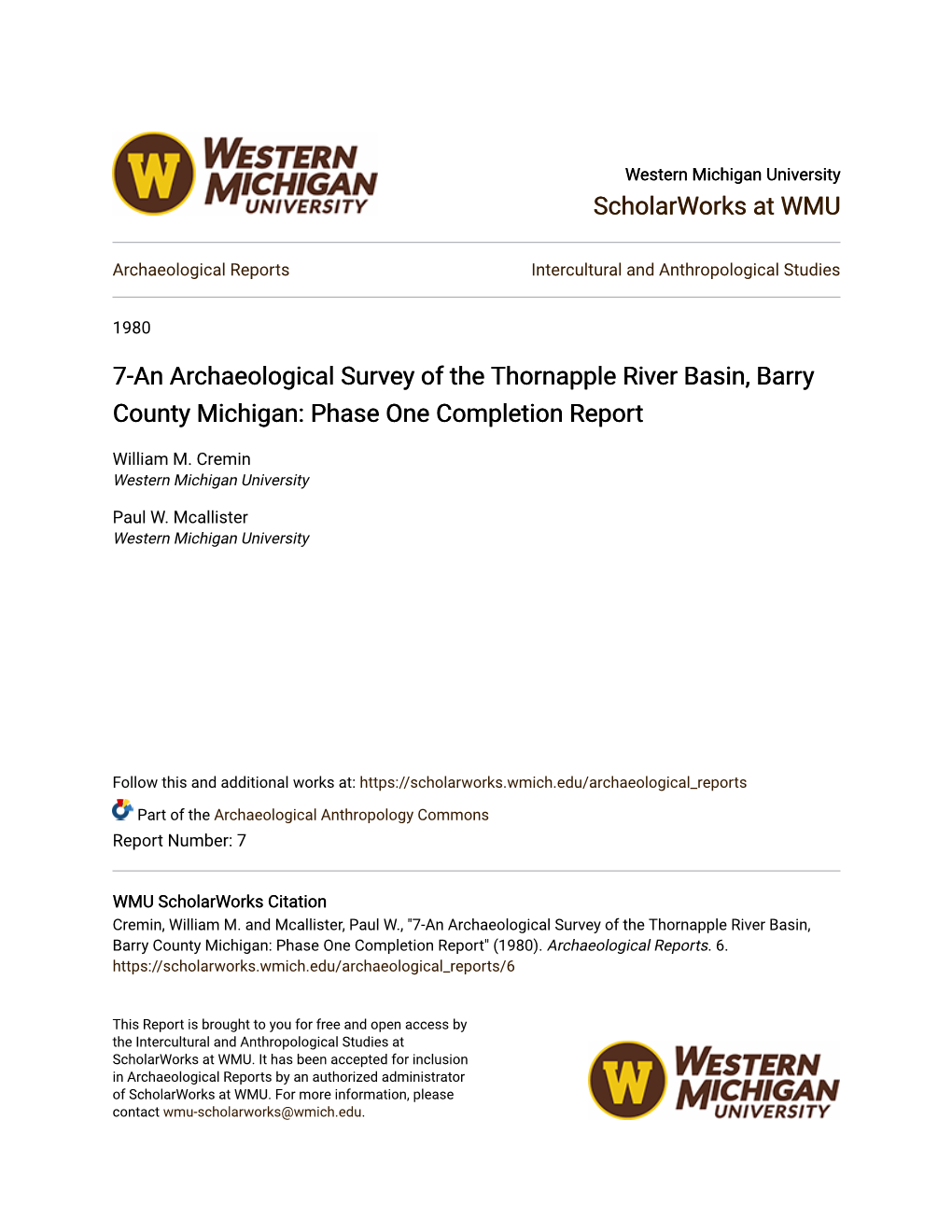 7-An Archaeological Survey of the Thornapple River Basin, Barry County Michigan: Phase One Completion Report