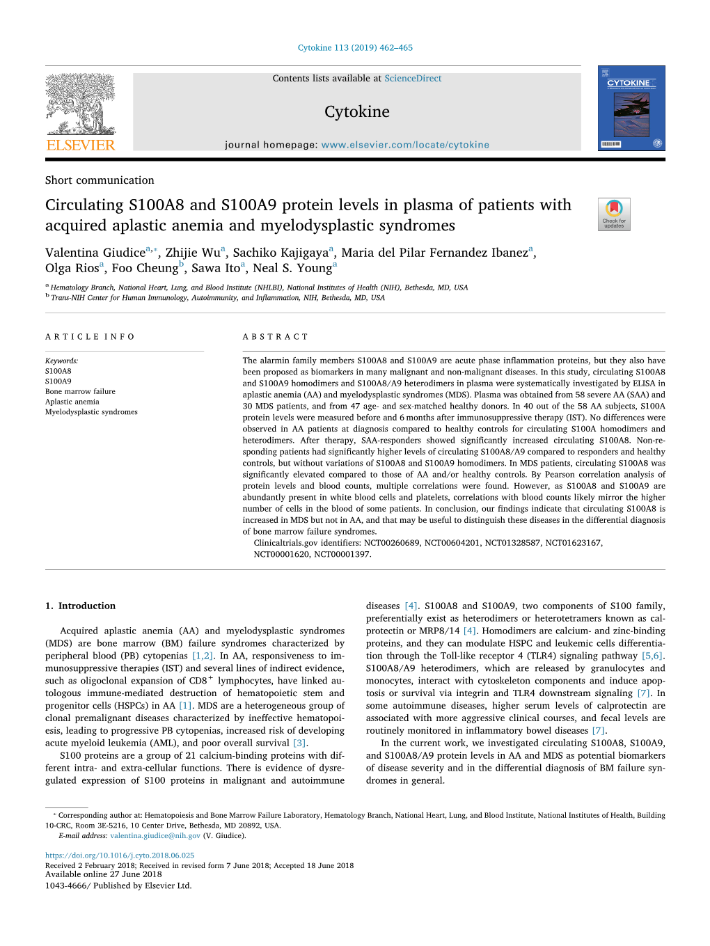 Circulating S100A8 and S100A9 Protein Levels in Plasma of Patients