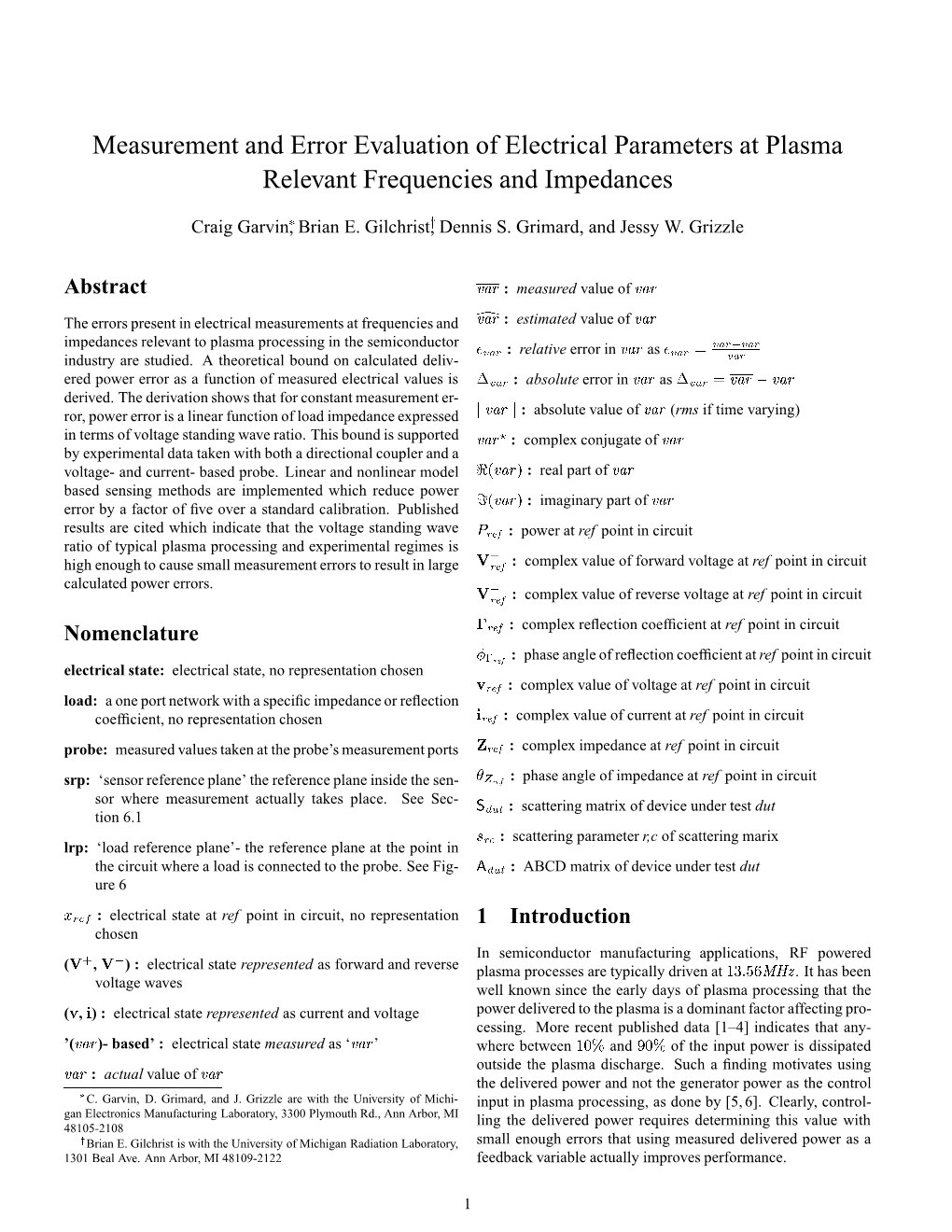 Measurement and Error Evaluation of Electrical Parameters at Plasma