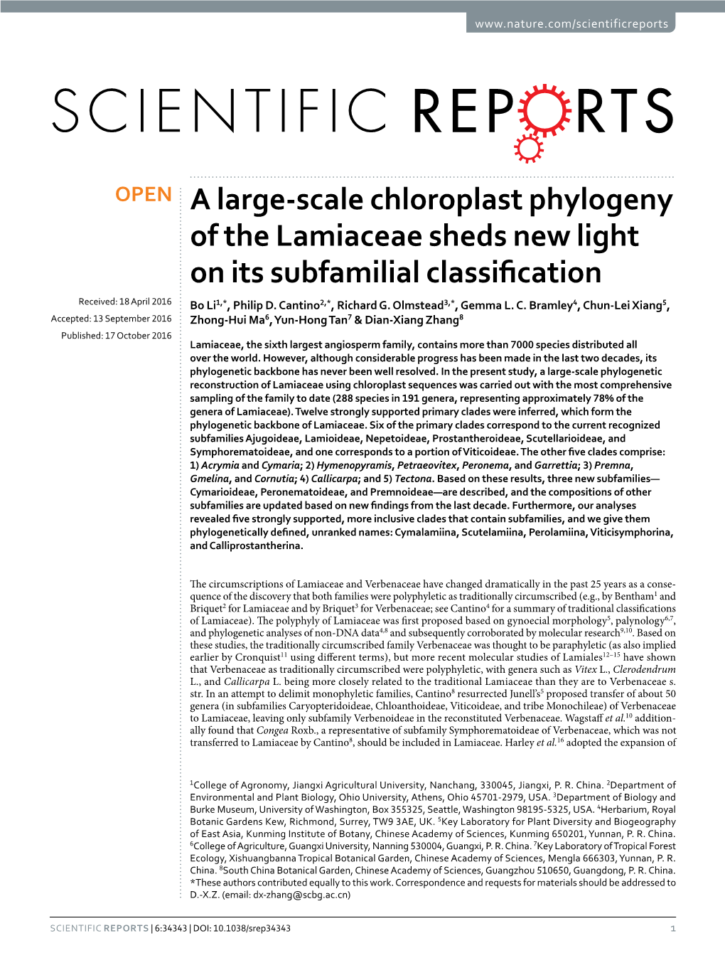 A Large-Scale Chloroplast Phylogeny of the Lamiaceae Sheds New Light on Its Subfamilial Classification Received: 18 April 2016 Bo Li1,*, Philip D