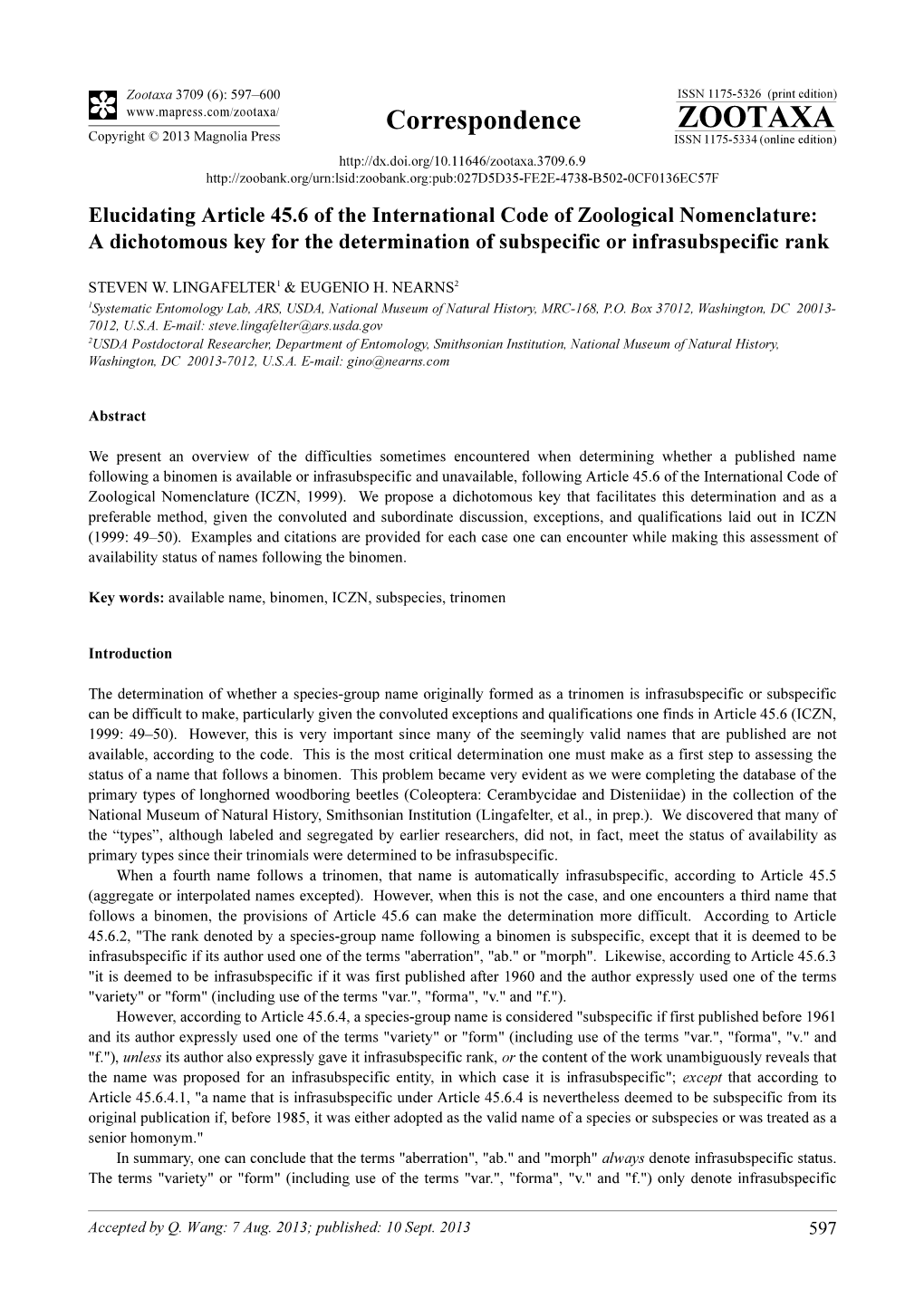 Elucidating Article 45.6 of the International Code of Zoological Nomenclature: a Dichotomous Key for the Determination of Subspecific Or Infrasubspecific Rank