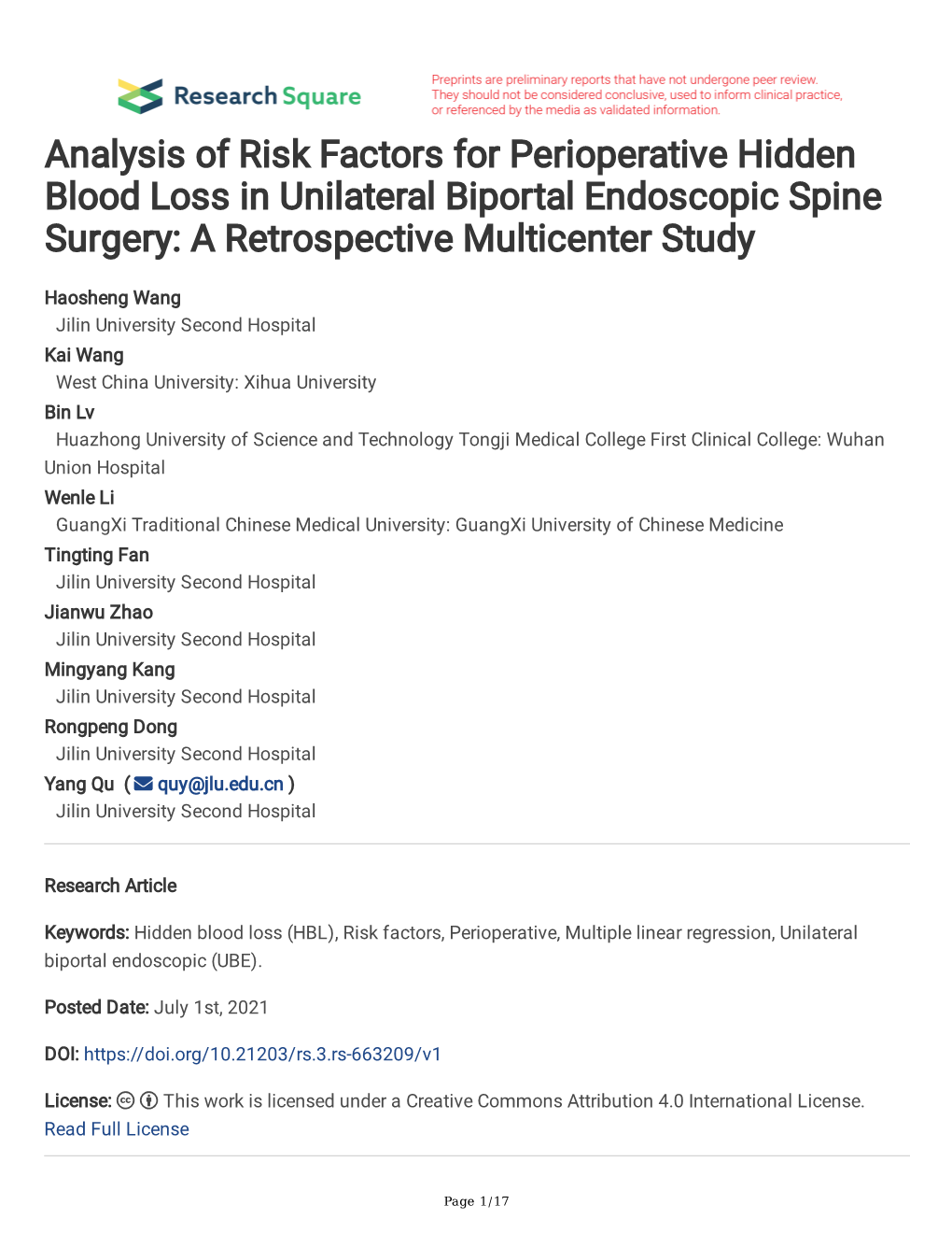 Analysis of Risk Factors for Perioperative Hidden Blood Loss in Unilateral Biportal Endoscopic Spine Surgery: a Retrospective Multicenter Study