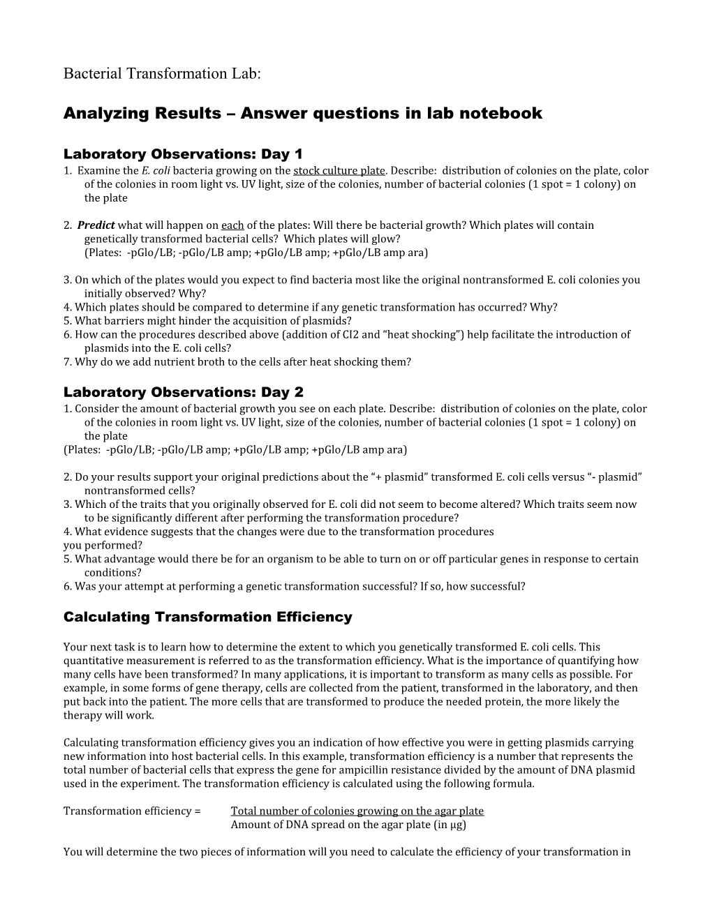 Analyzing Results Answer Questions in Lab Notebook