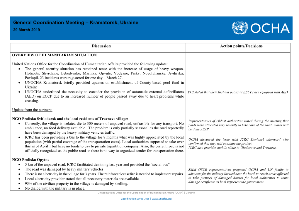 General Coordination Meeting – Kramatorsk, Ukraine 29 March 2019