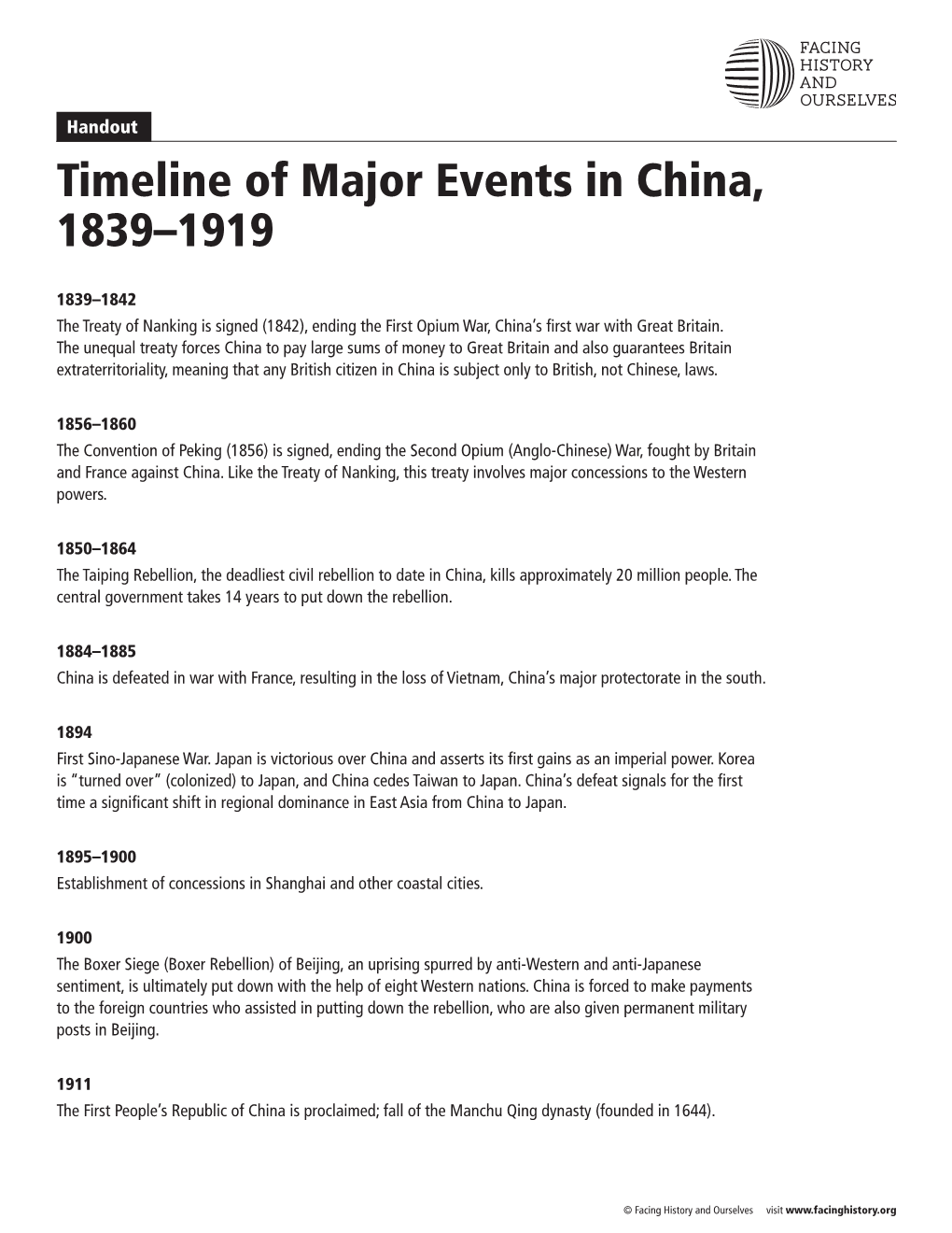 Timeline of Major Events in China, 1839-1919