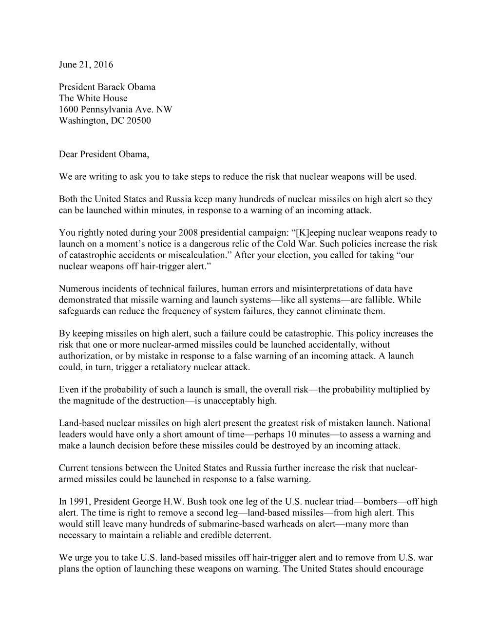 Letter to President Obama