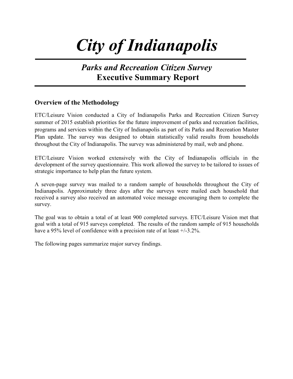 Indianapolis Parks Recreation Survey Executive