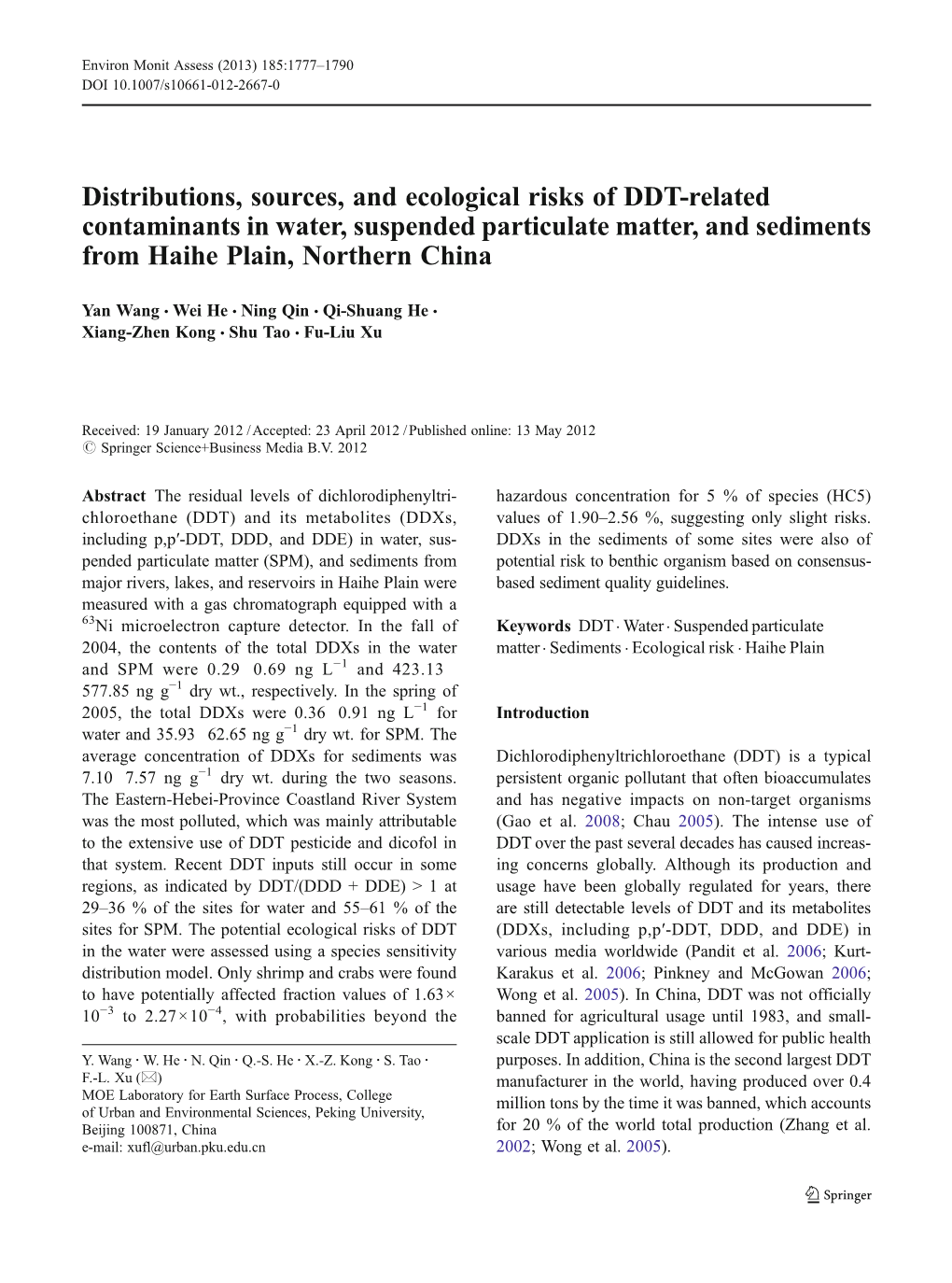 Distributions, Sources, and Ecological Risks of DDT-Related Contaminants in Water, Suspended Particulate Matter, and Sediments from Haihe Plain, Northern China