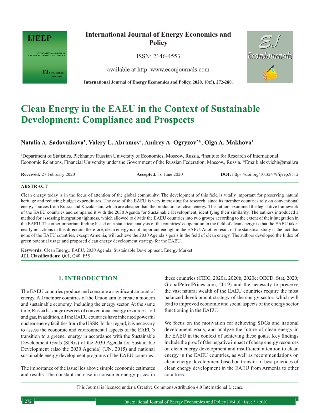 Clean Energy in the EAEU in the Context of Sustainable Development: Compliance and Prospects