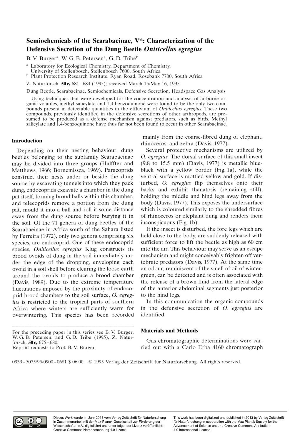 Characterization of the Defensive Secretion of the Dung Beetle Oniticellus Egregius B