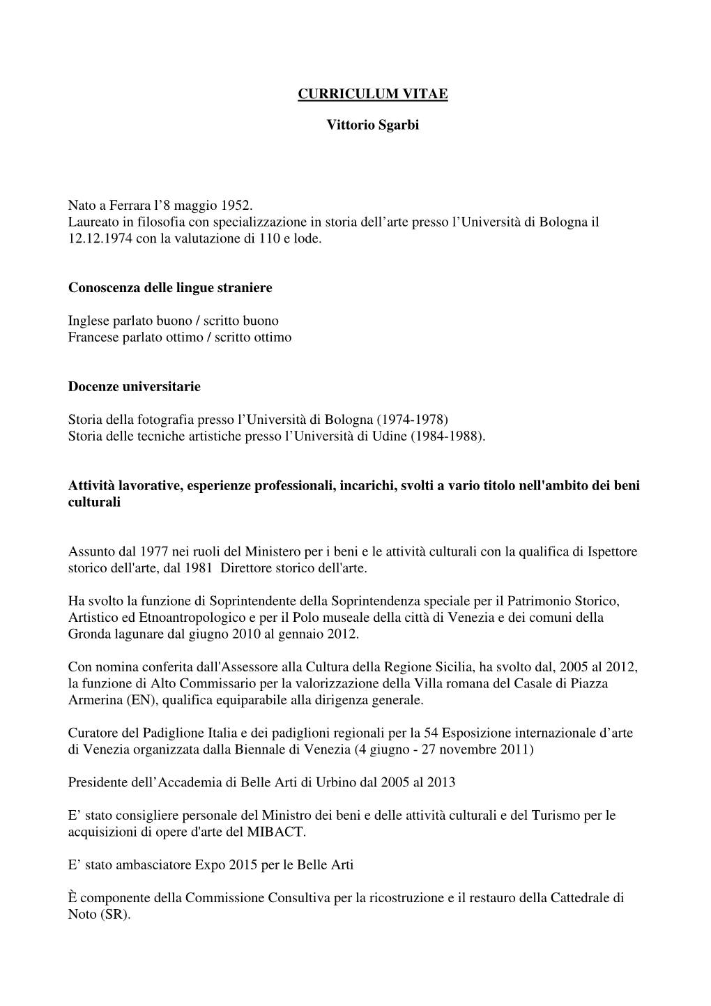 Curriculum Vitae Vittorio Sgarbi 2020