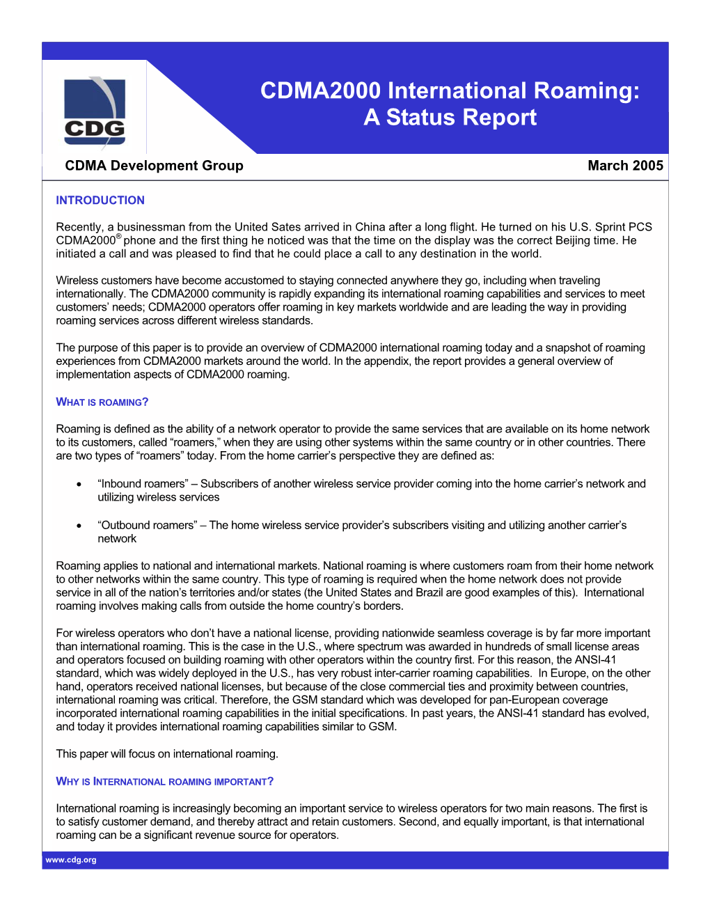 CDMA2000 International Roaming: a Status Report