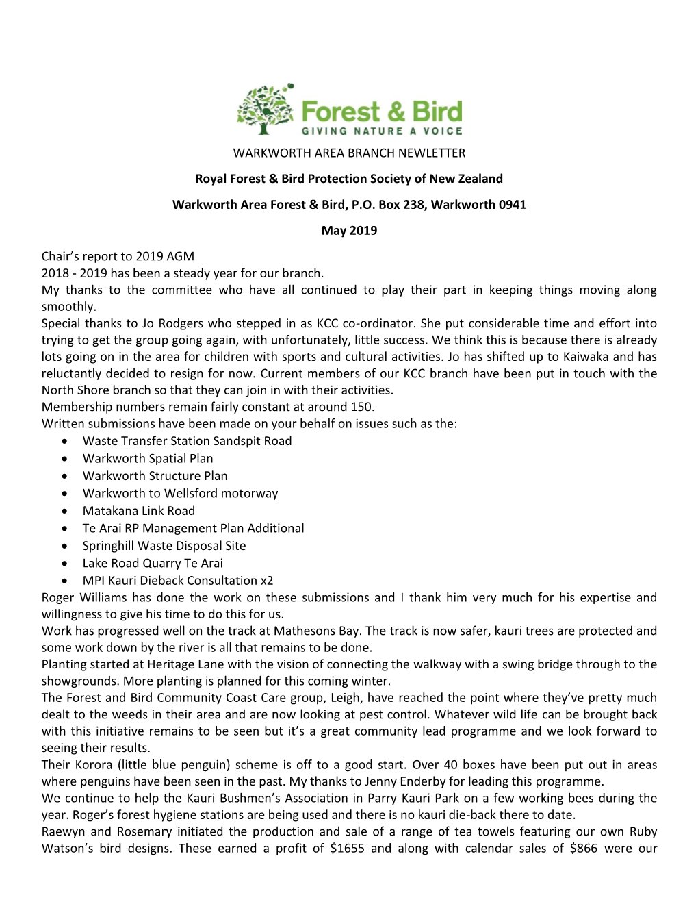 WARKWORTH AREA BRANCH NEWLETTER Royal Forest & Bird Protection Society of New Zealand Warkworth Area Forest & Bird, P.O