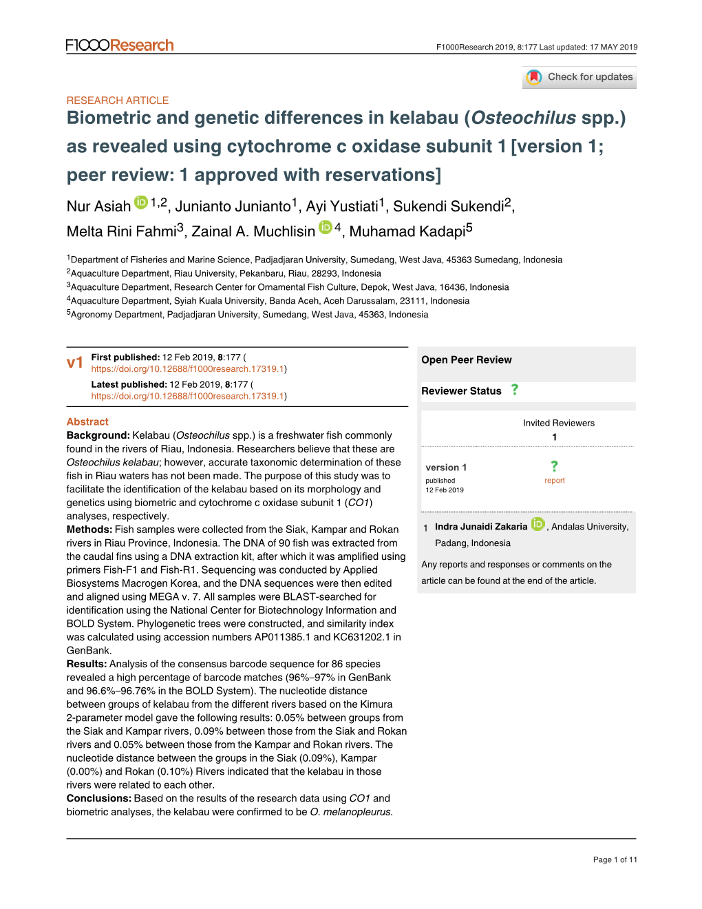 Biometric and Genetic Differences in Kelabau ( Spp.) Osteochilus As