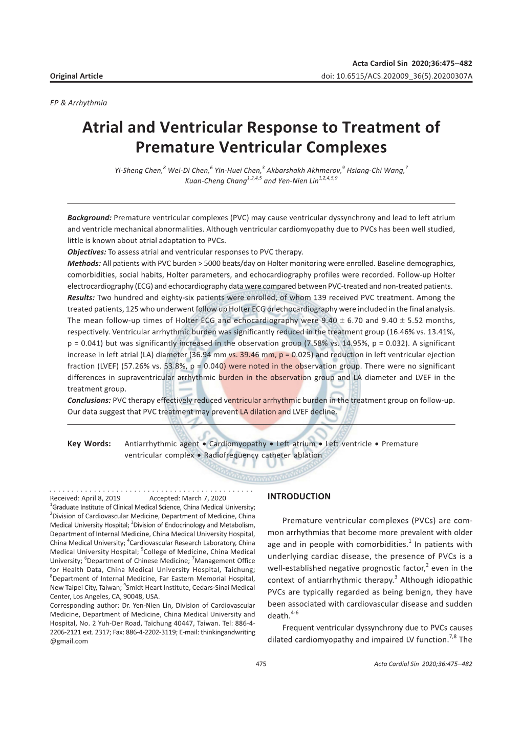 Atrial and Ventricular Response to Treatment of Premature Ventricular Complexes