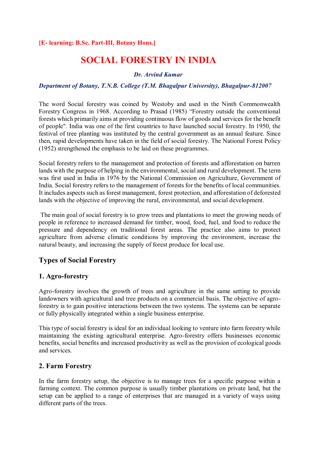 SOCIAL FORESTRY in INDIA Dr