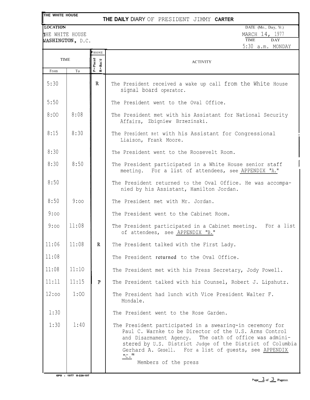 The Daily Diary of President Jimmy Carter 5:30 5:50 8:Oo 8