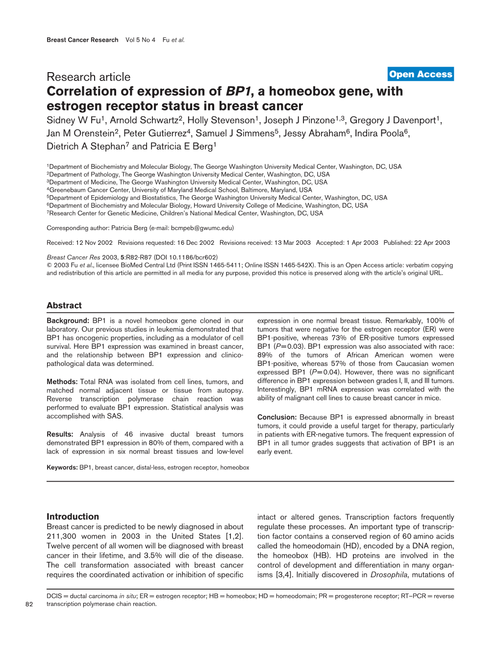 Correlation of Expression of BP1, a Homeobox Gene, with Estrogen