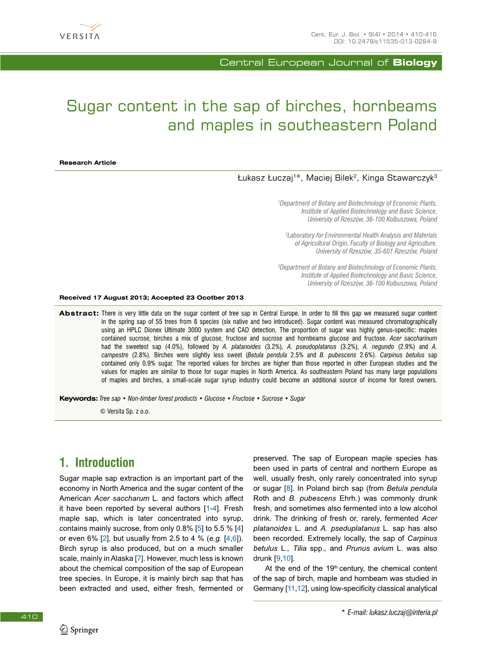 Sugar Content in the Sap of Birches, Hornbeams and Maples in Southeastern Poland