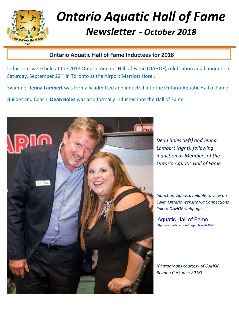 Ontario Aquatic Hall of Fame Newsletter - October 2018