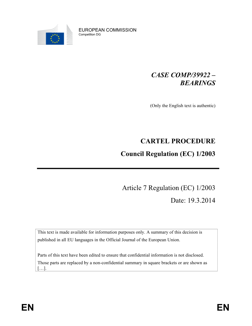 BEARINGS CARTEL PROCEDURE Council Regulation (EC)