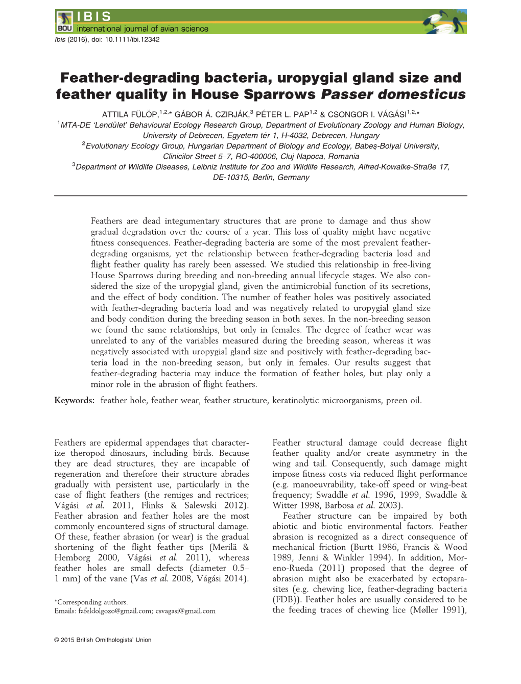 Degrading Bacteria, Uropygial Gland Size and Feather Quality in House Sparrows Passer Domesticus