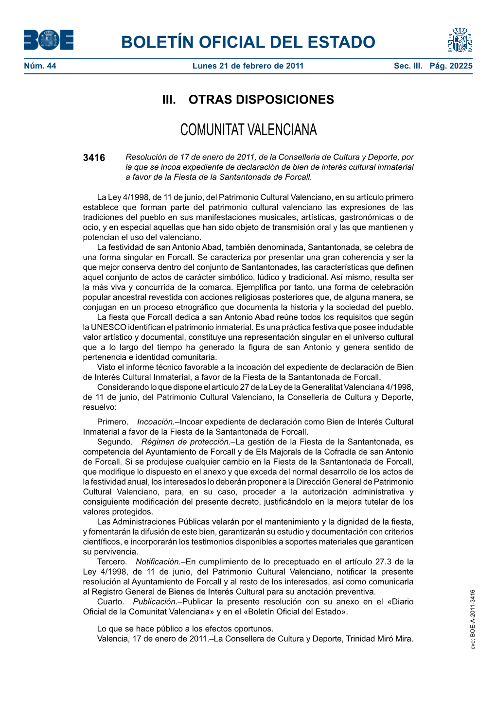 Disposición 3416 Del BOE Núm. 44 De 2011