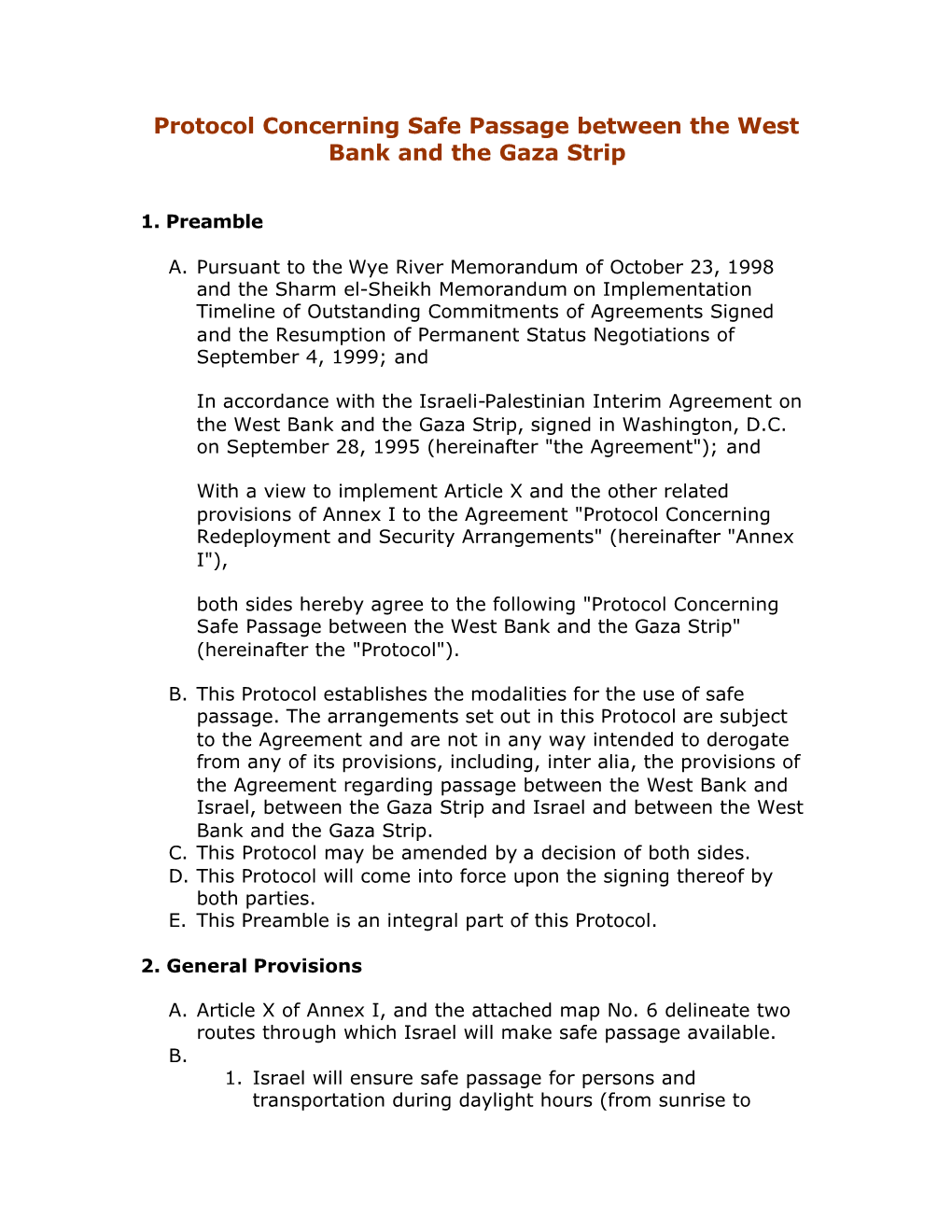 Protocol Concerning Safe Passage Between the West Bank and the Gaza Strip