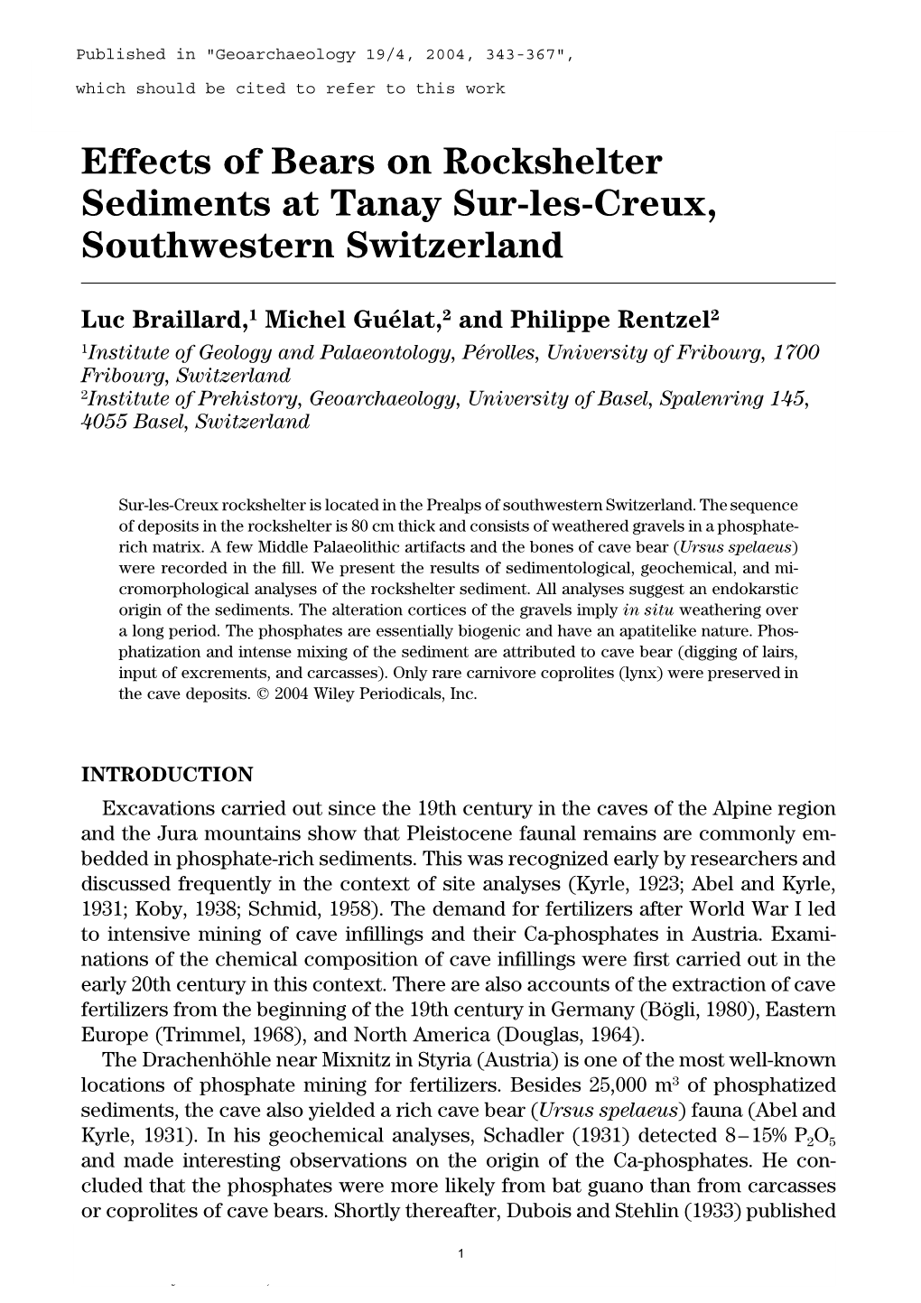 Effects of Bears on Rockshelter Sediments at Tanay Sur-Les-Creux, Southwestern Switzerland