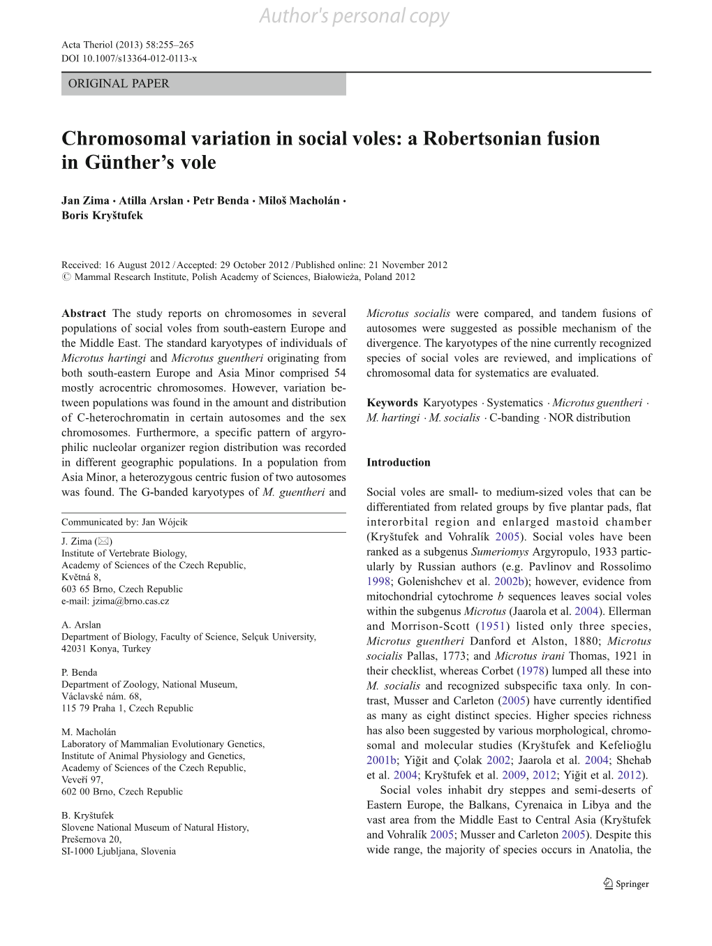 Chromosomal Variation in Social Voles: a Robertsonian Fusion in Günther's