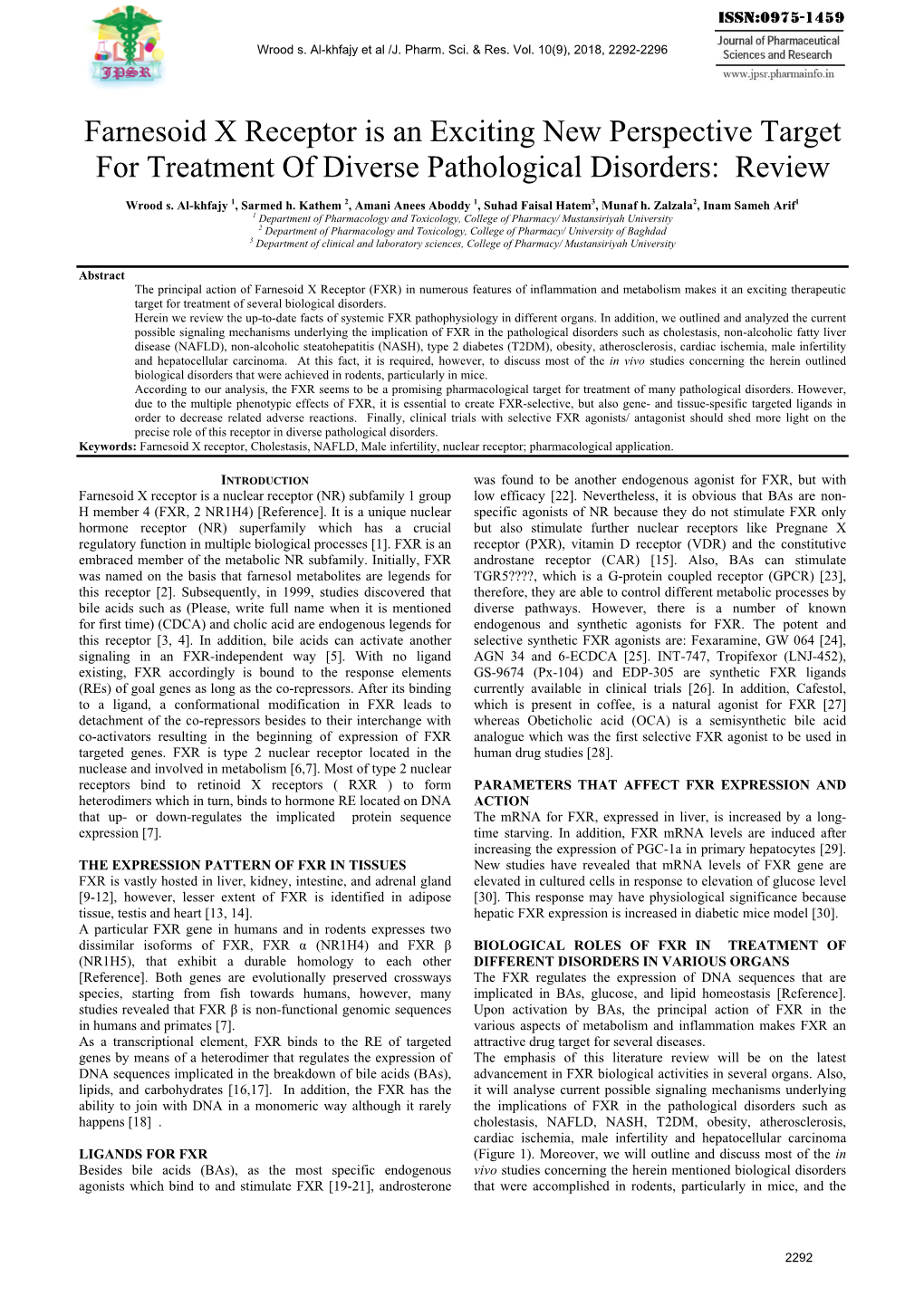 Farnesoid X Receptor Is an Exciting New Perspective Target for Treatment of Diverse Pathological Disorders: Review