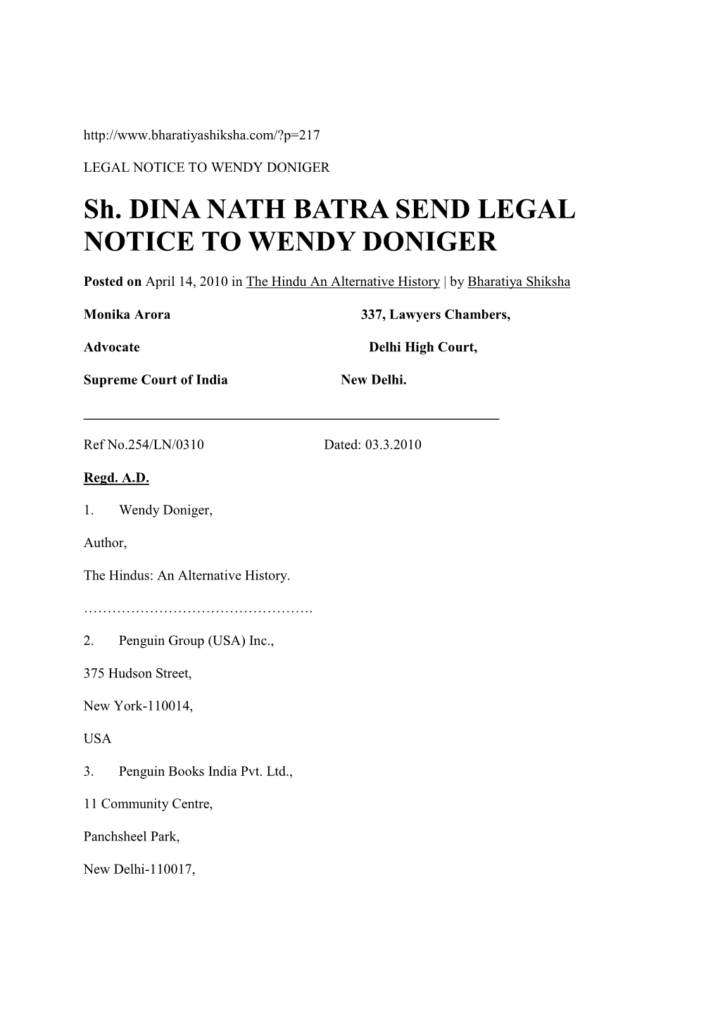 Sh. DINA NATH BATRA SEND LEGAL NOTICE to WENDY DONIGER