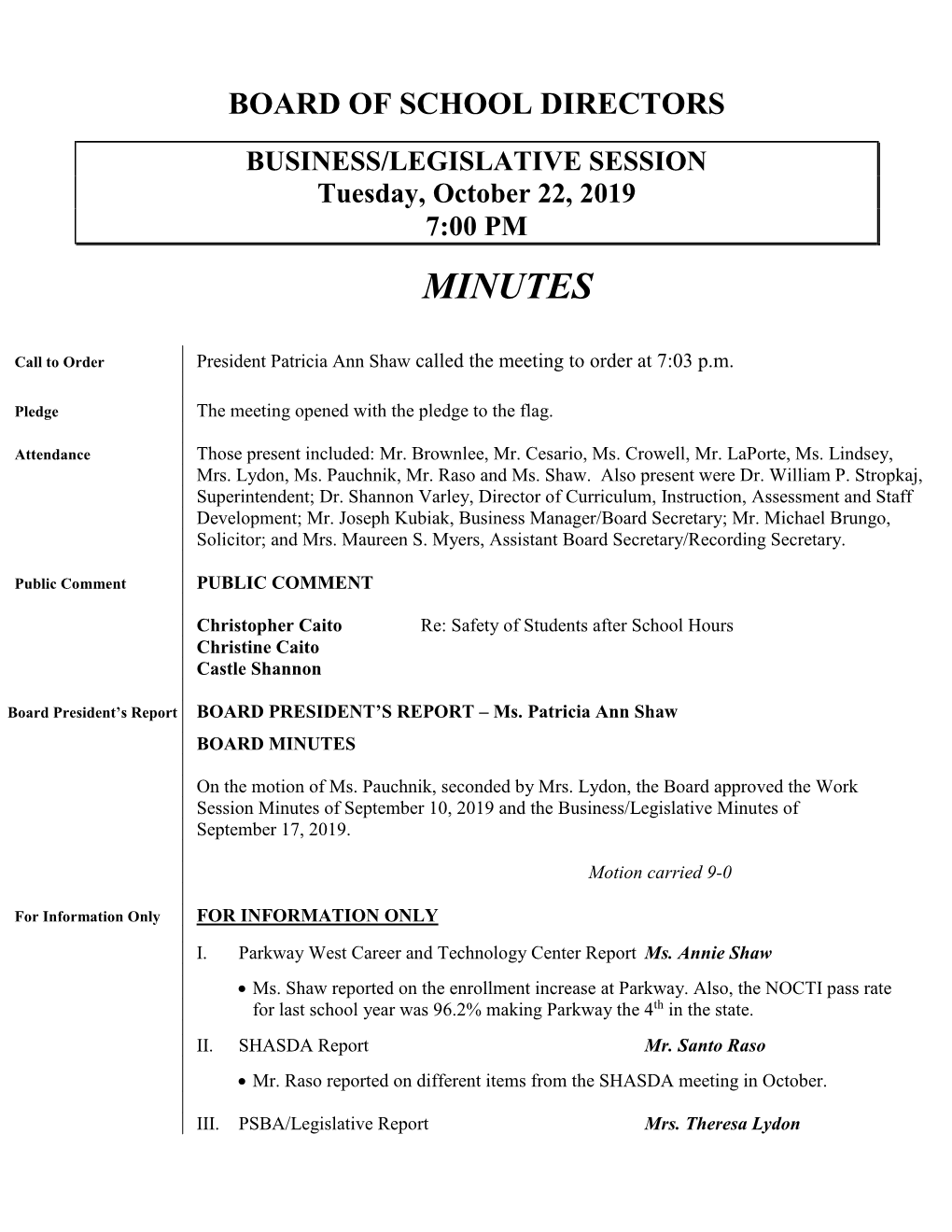 Business/Legislative Minutes of September 17, 2019