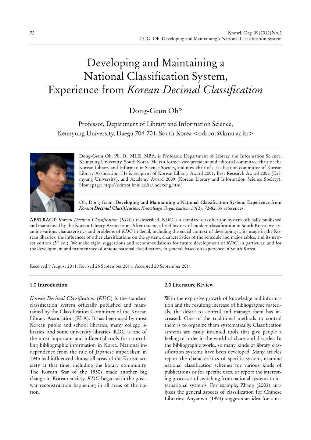 Developing and Maintaining a National Classification System, Experience from Korean Decimal Classification