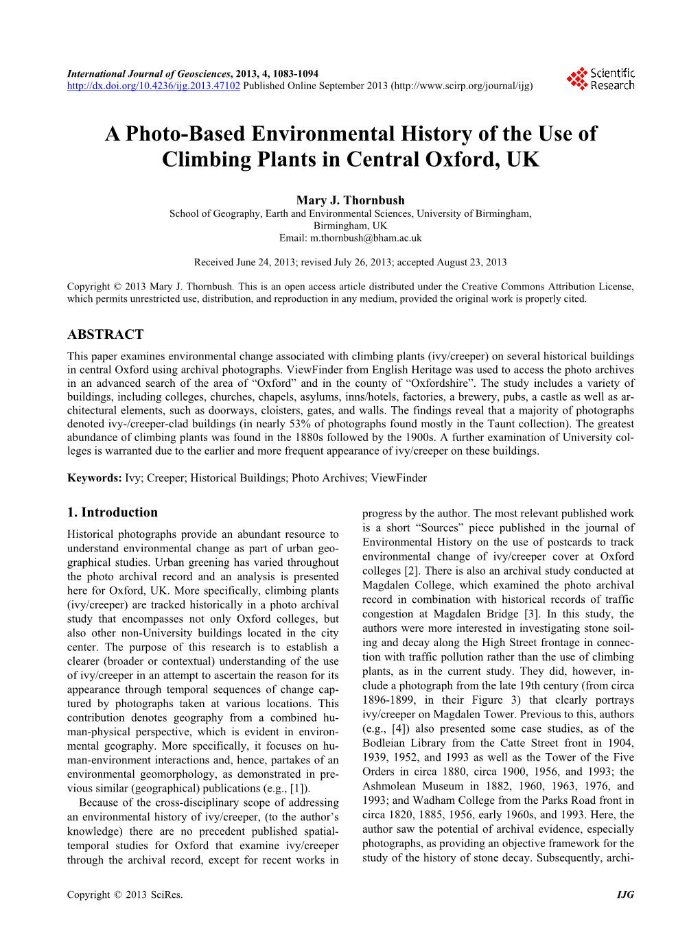 A Photo-Based Environmental History of the Use of Climbing Plants in Central Oxford, UK