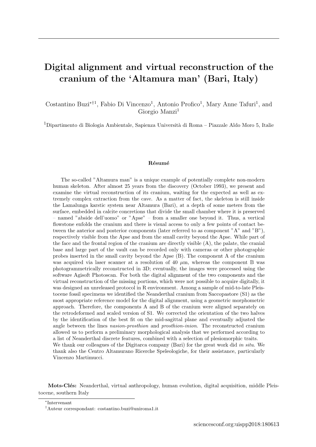 Digital Alignment and Virtual Reconstruction of the Cranium of the 'Altamura Man' (Bari, Italy)