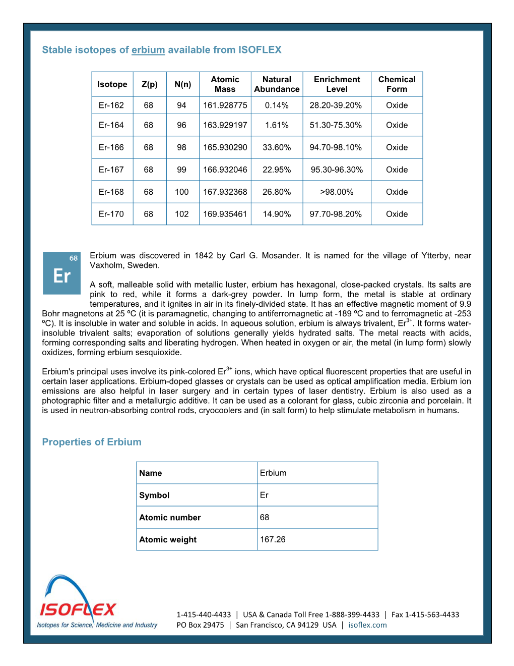 Stable Isotopes of Erbium Available from ISOFLEX Properties of Erbium