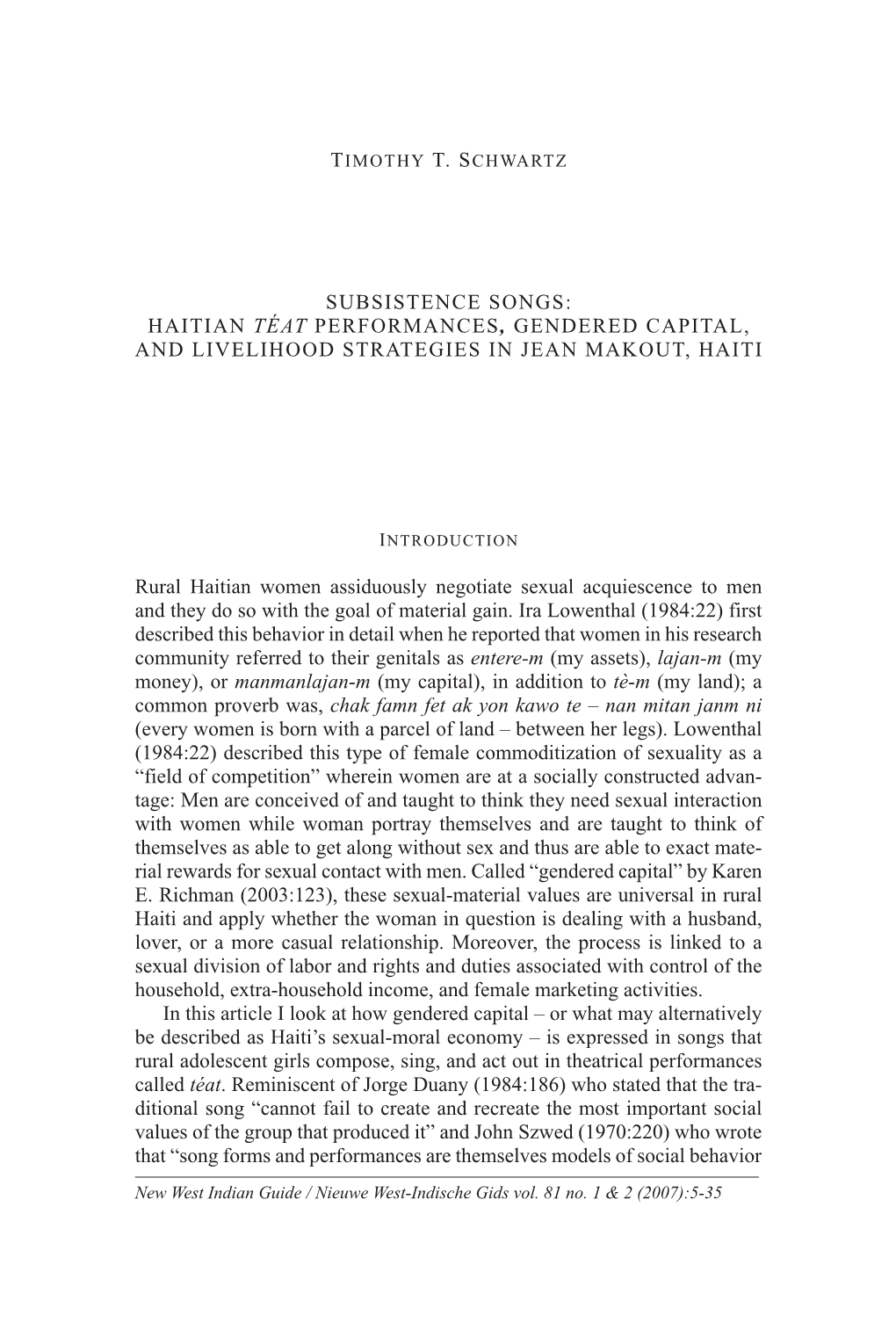 Haitian Téat Performances, Gendered Capital, and Livelihood Strategies in Jean Makout, Haiti