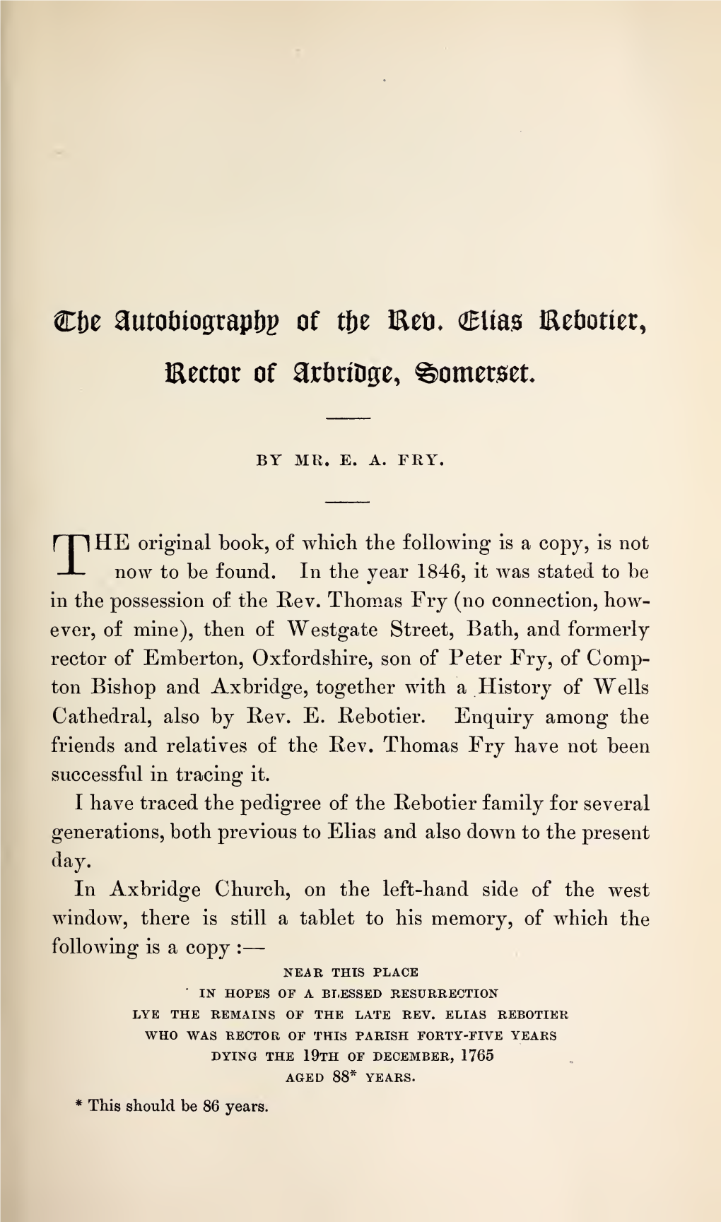 Fry, E A, the Autobiography of the Rev. Elias Rebotier, Rector Of