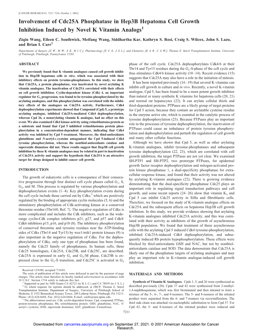 Involvement of Cdc25a Phosphatase in Hep3b Hepatoma Cell Growth Inhibition Induced by Novel K Vitamin Analogs1