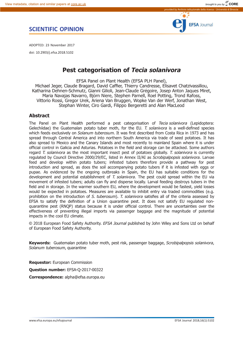 Pest Categorisation of Tecia Solanivora