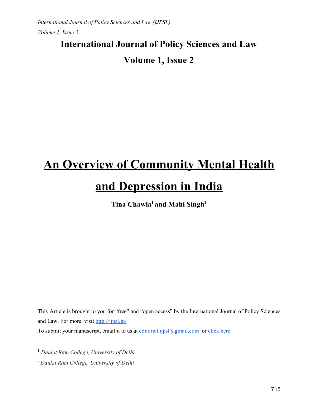 An Overview of Community Mental Health and Depression in India