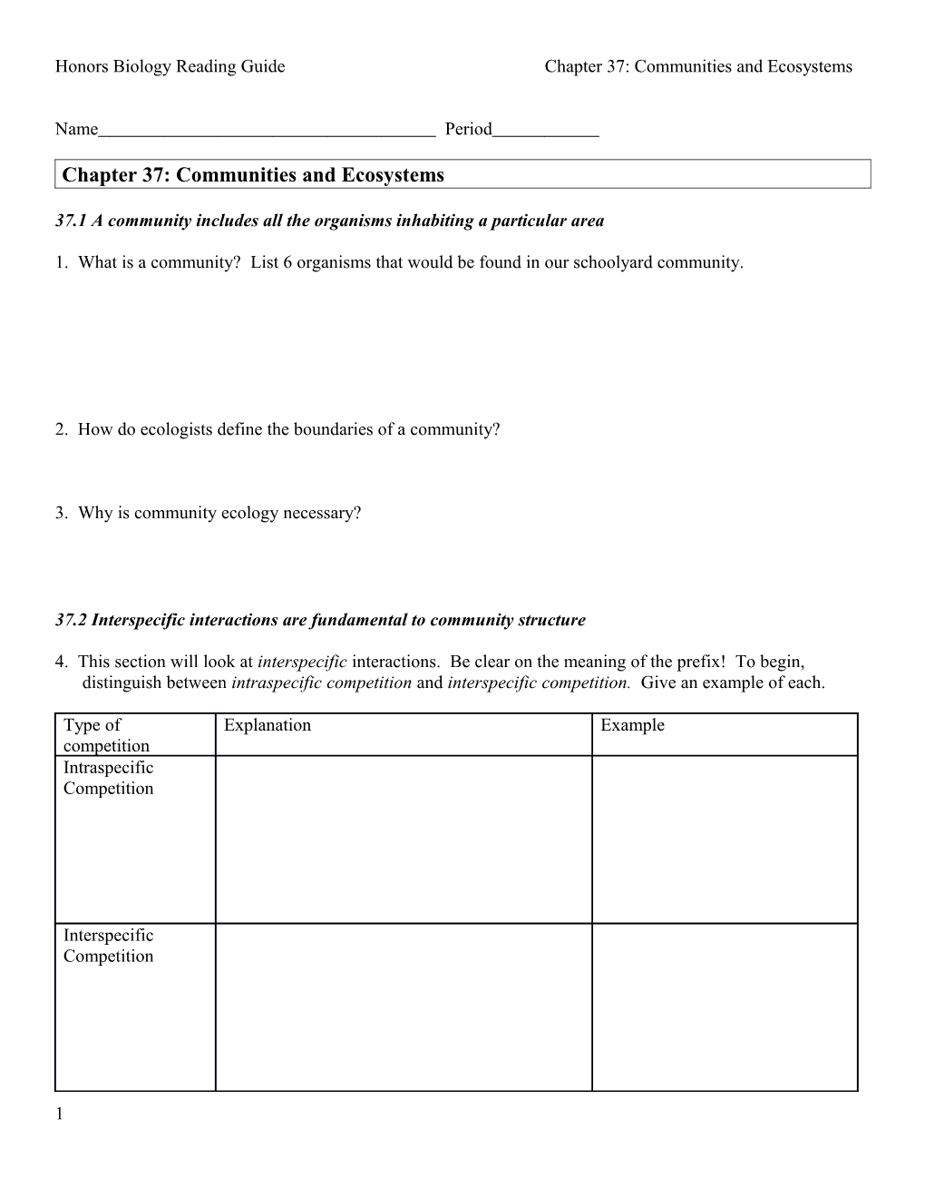 Honors Biology Reading Guide Chapter 37: Communities and Ecosystems