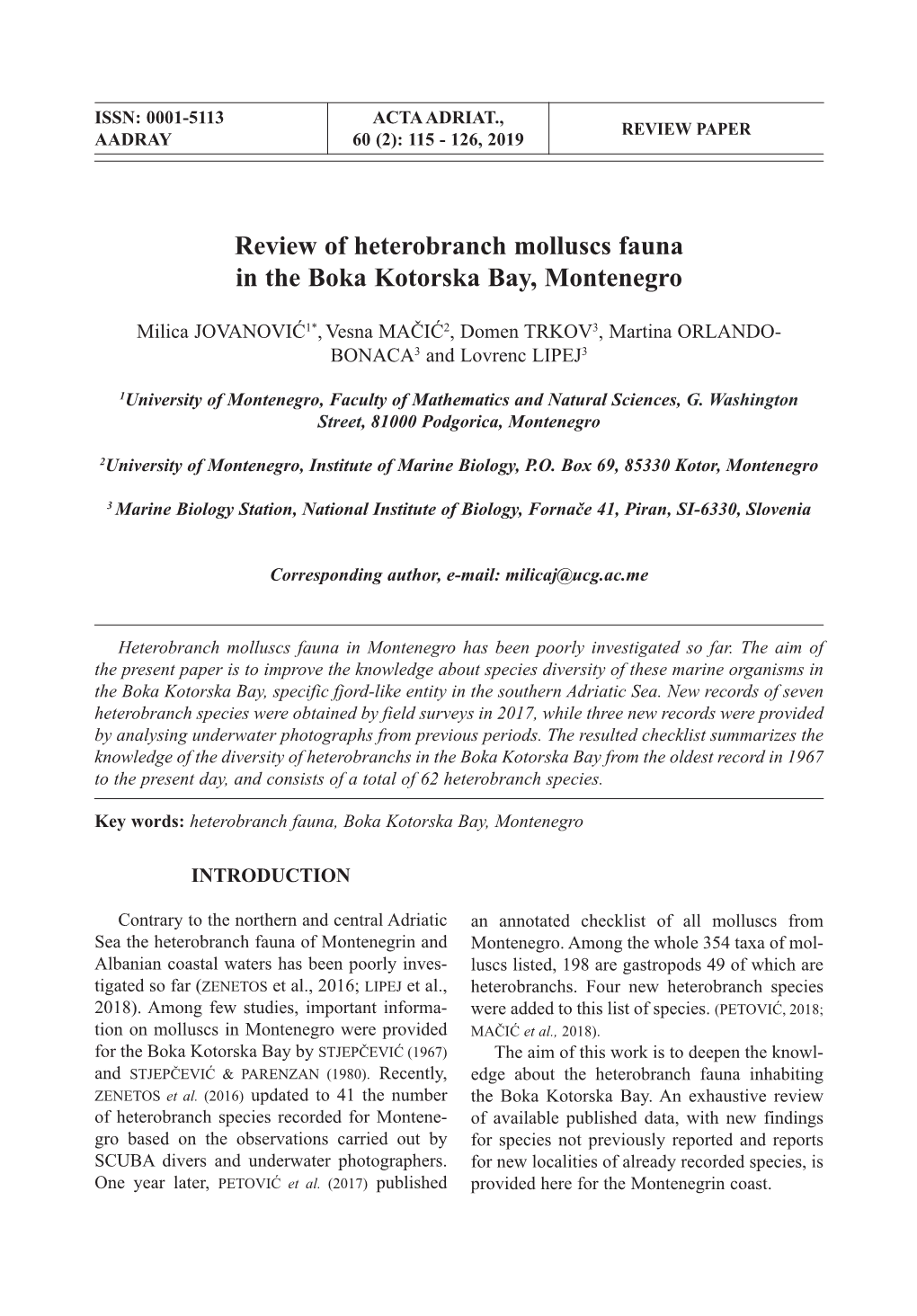 Review of Heterobranch Molluscs Fauna in the Boka Kotorska Bay, Montenegro