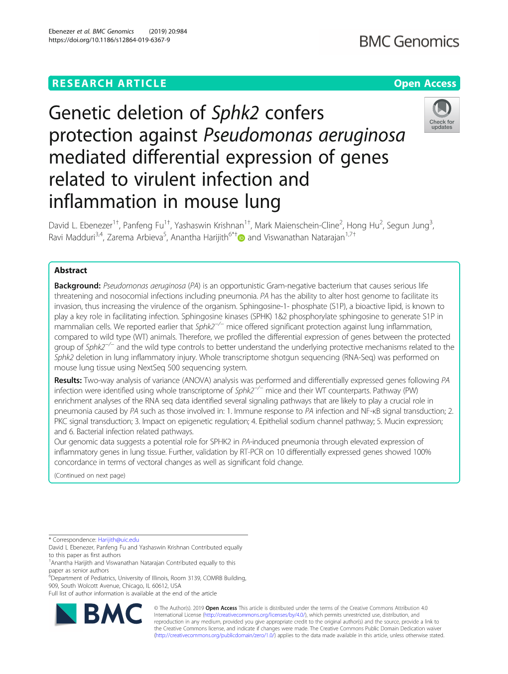 Genetic Deletion of Sphk2 Confers Protection Against Pseudomonas Aeruginosa Mediated Differential Expression of Genes Related To