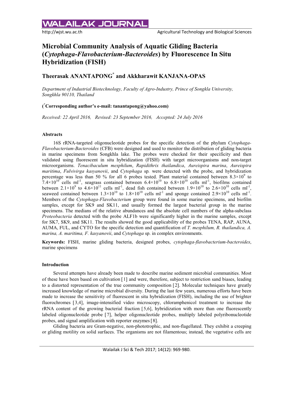 Microbial Community Analysis of Aquatic Gliding Bacteria (Cytophaga-Flavobacterium-Bacteroides) by Fluorescence in Situ Hybridization (FISH)